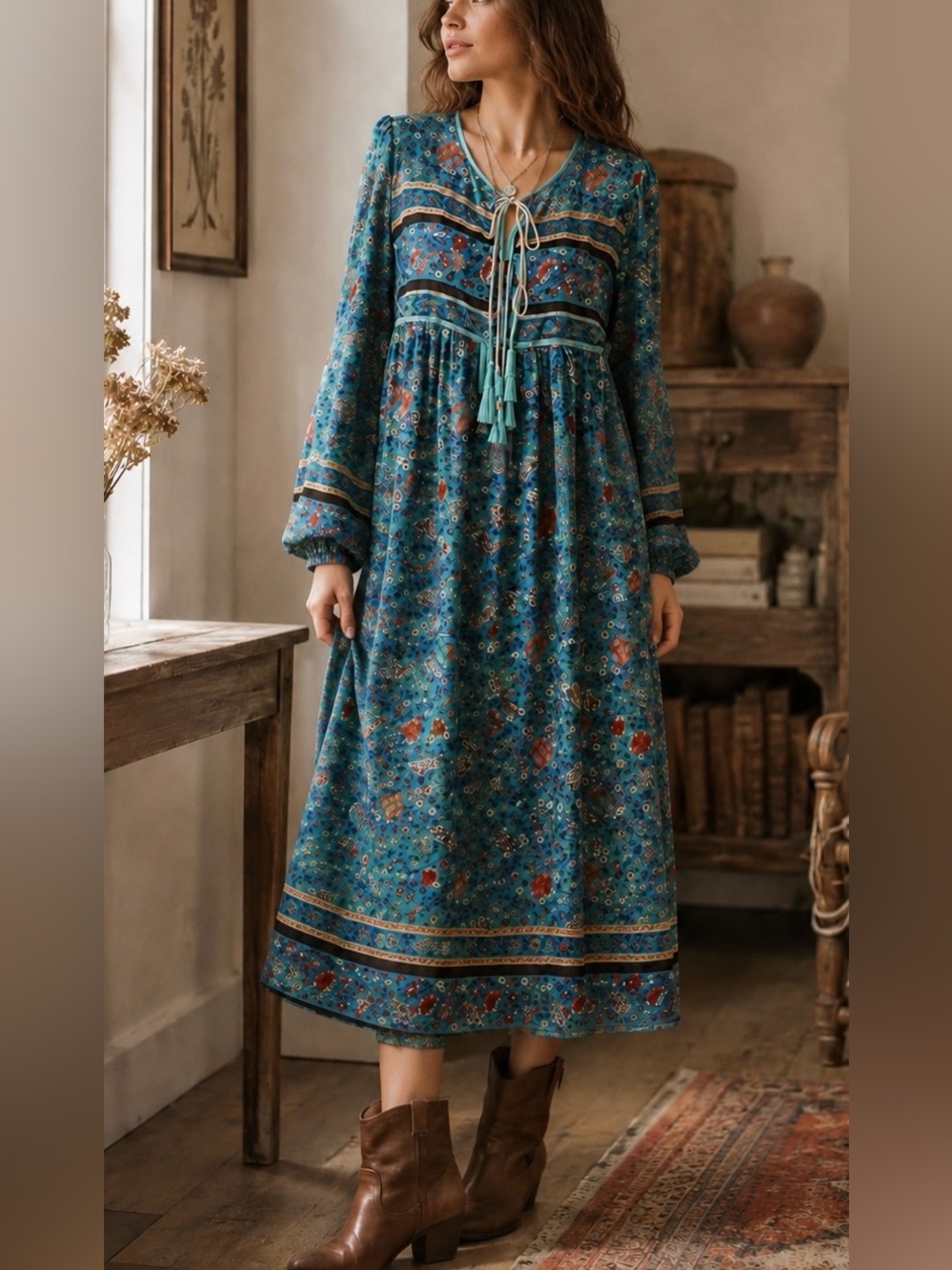 Boutique Artisan Boho Prairie Midi Dress with Tassel Tie – Teal Blue | S/M